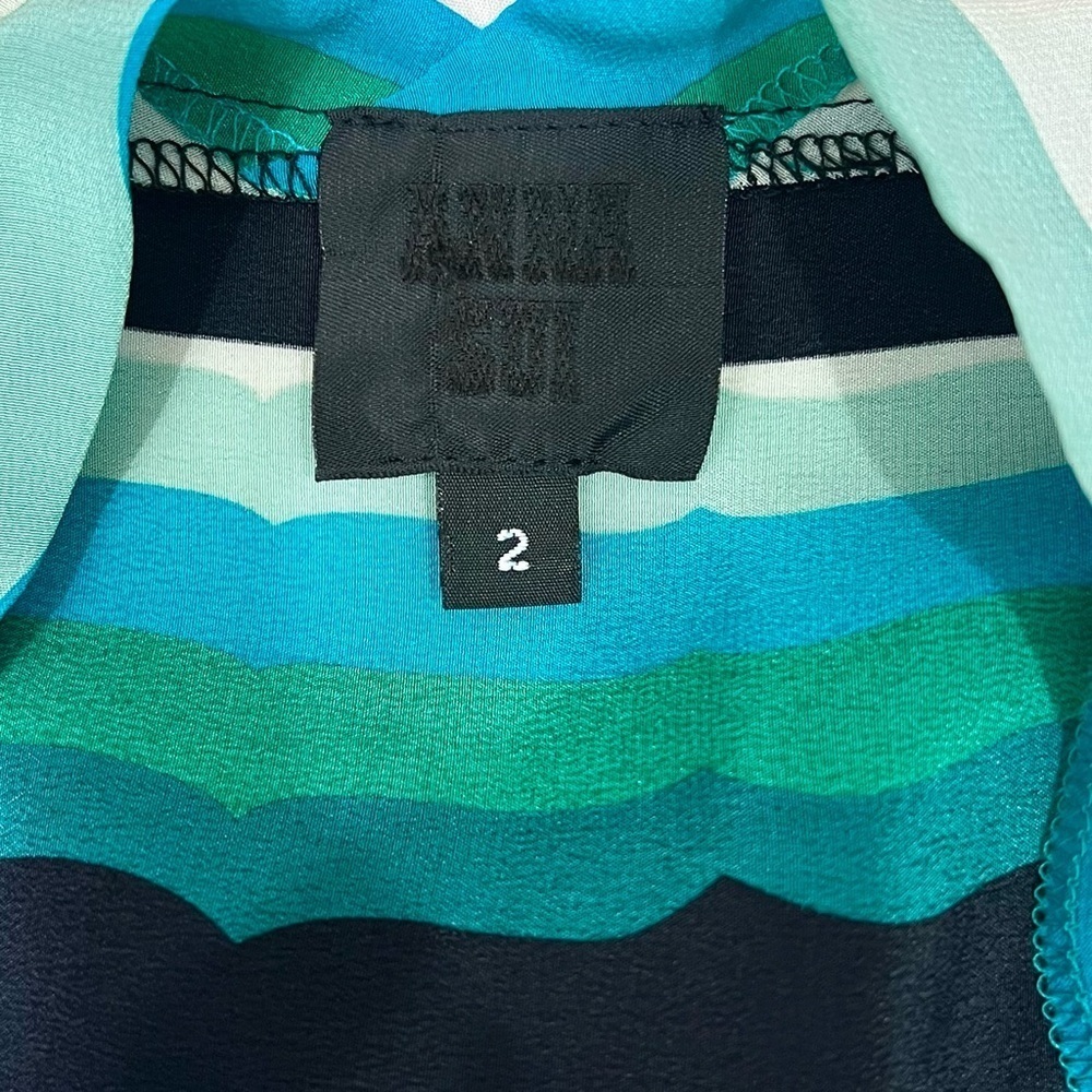 Anna Sui Silk Teal Serape Striped Dolman Sleeve Geometric Peplum Dress - Picture 10 of 11